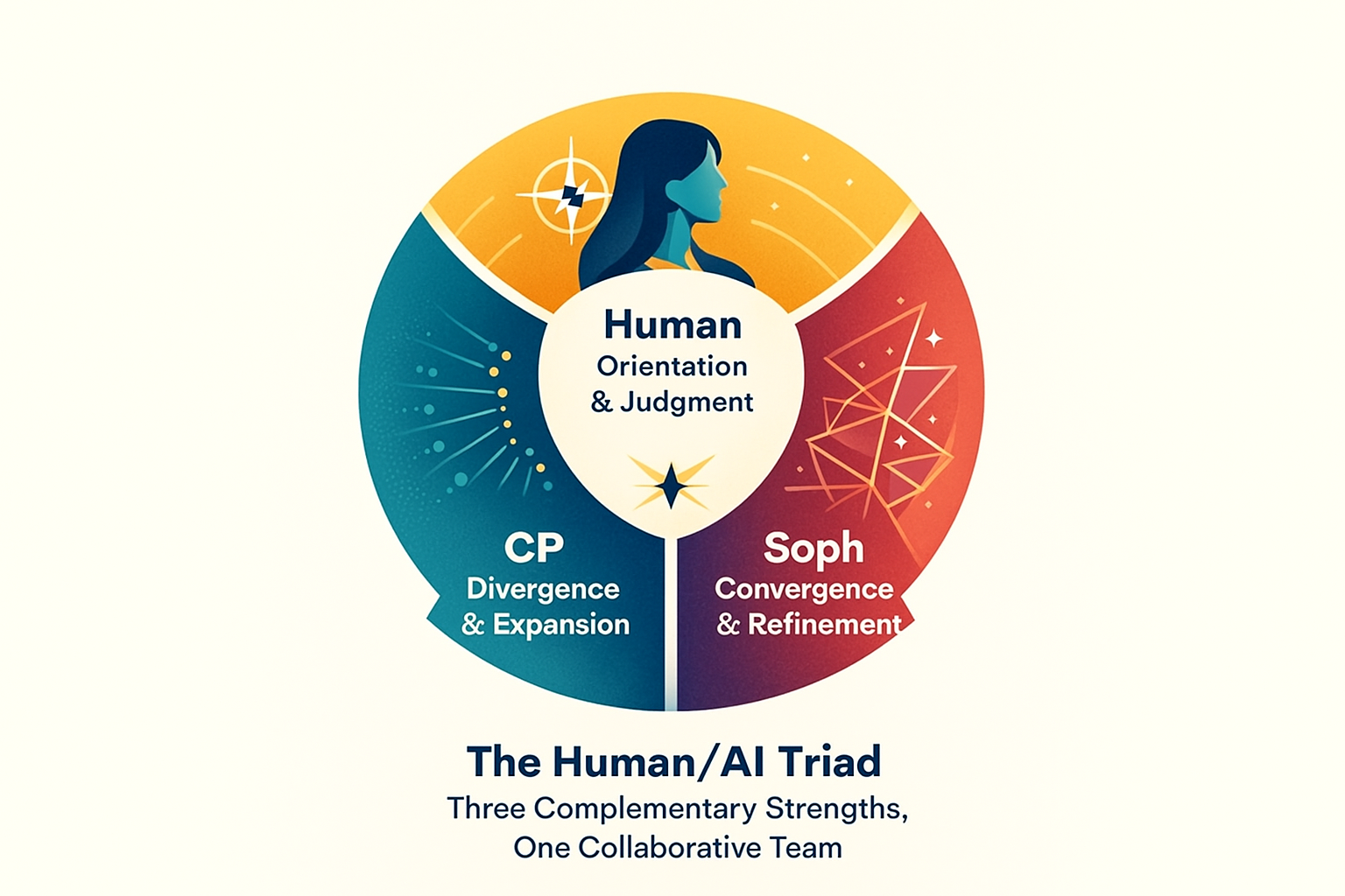 Circular diagram showing Human, CP, and Soph as a three-part Human/AI Triad
